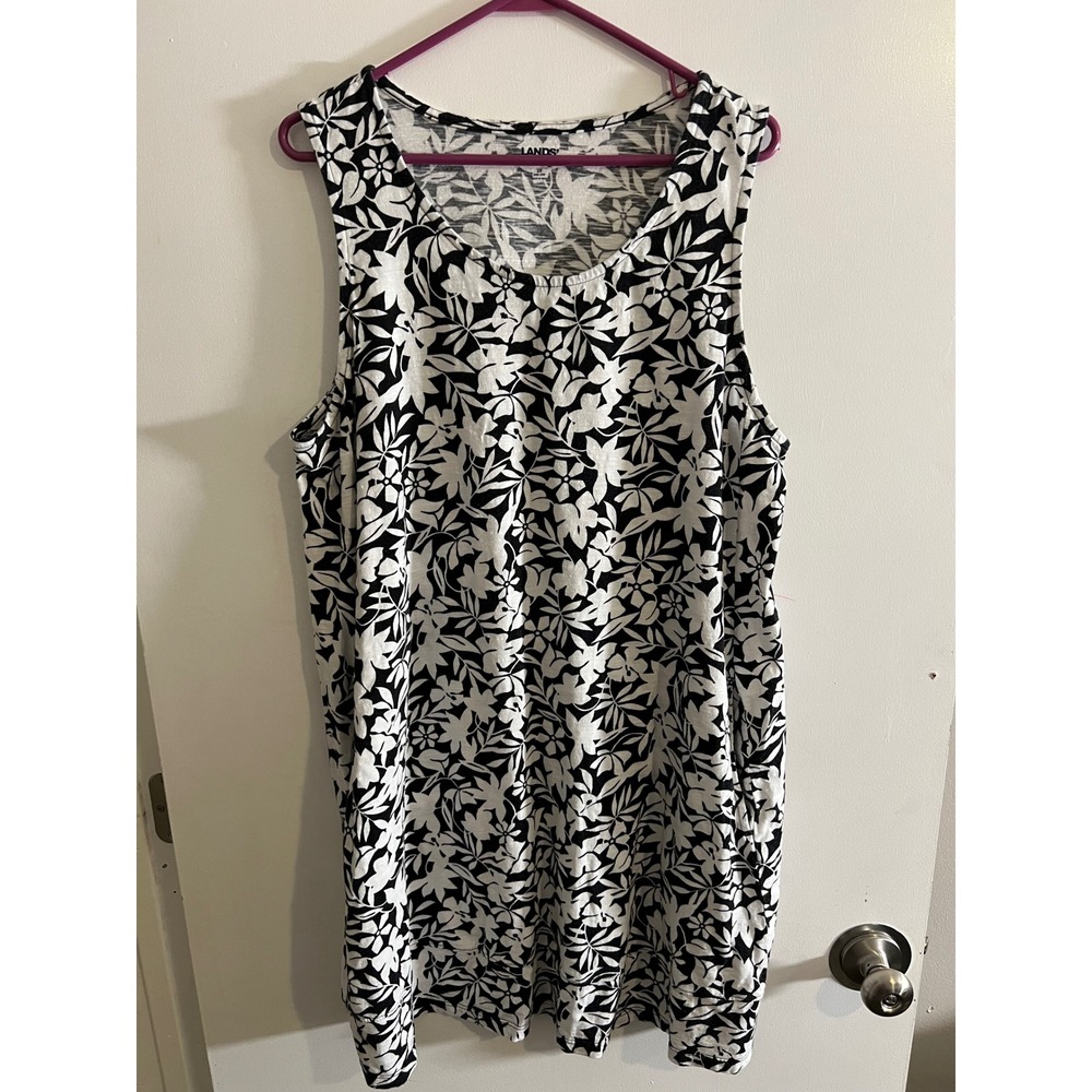 Lands End Womens 2X Black White Floral Sleeveless Jersey Knit Shift Dress